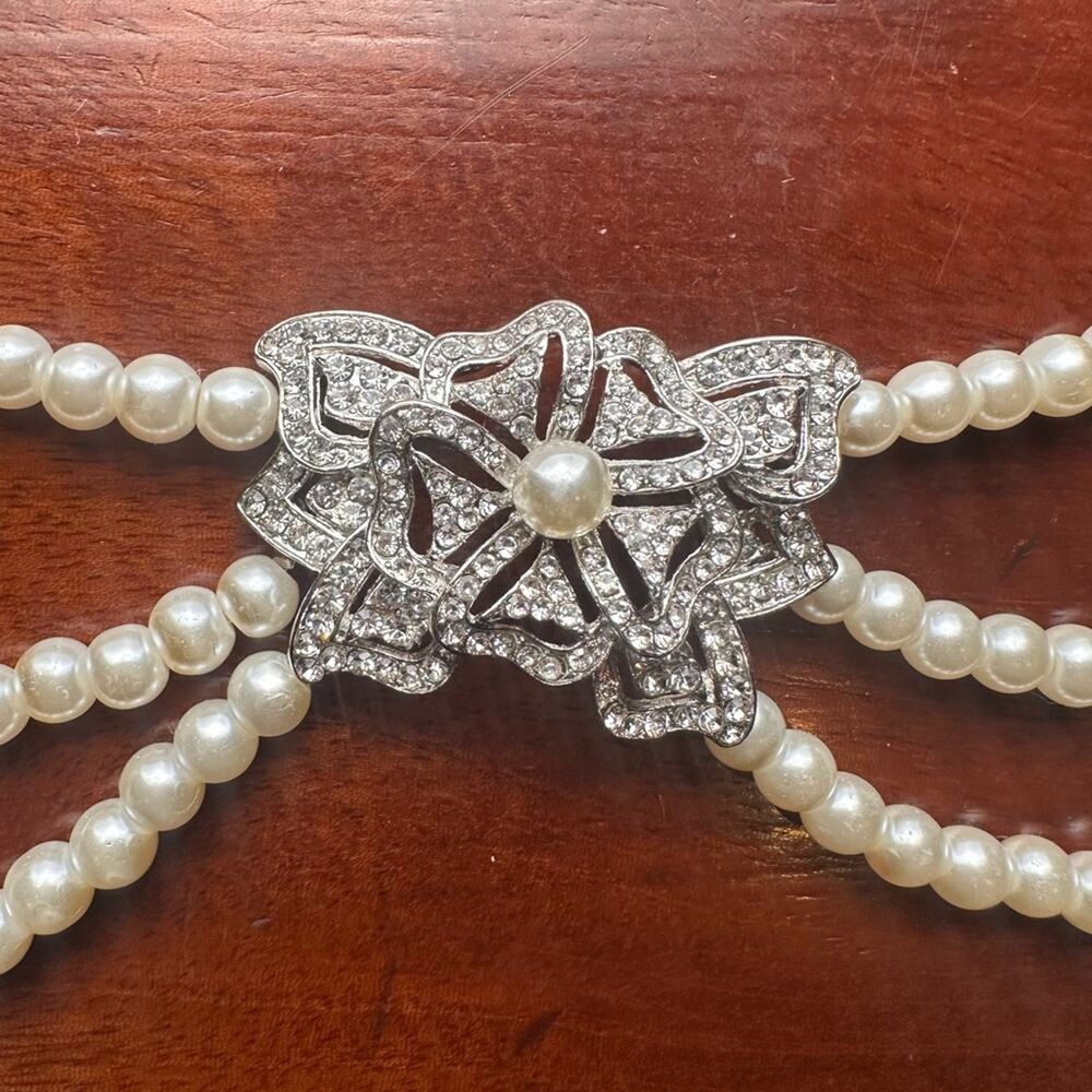 Rhodium Faux Pearl 3 Strand Necklace Rhinestone Triple Bridal Statement